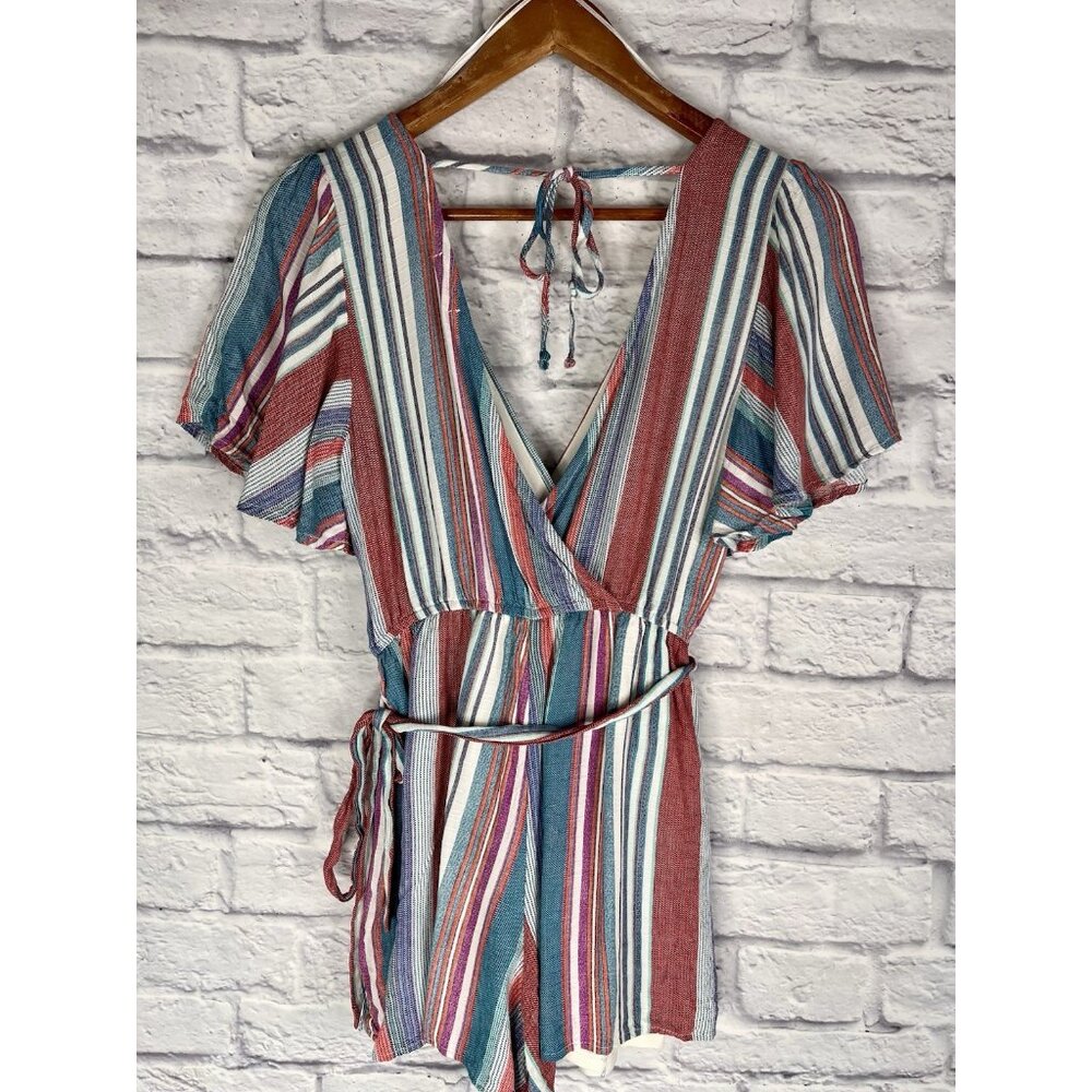 MI AMI Women's Teal Red Stripe Double V-Neck Romper Small - Picture 6 of 6